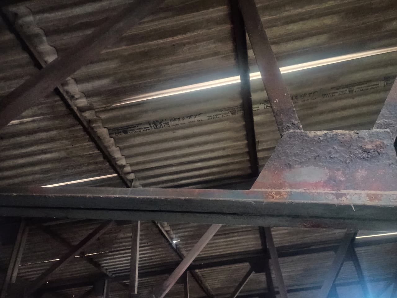Corrugated roof sheets with steel beams and natural light gaps