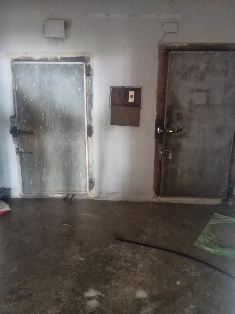 Two cold storage chamber doors side by side — insulated access points